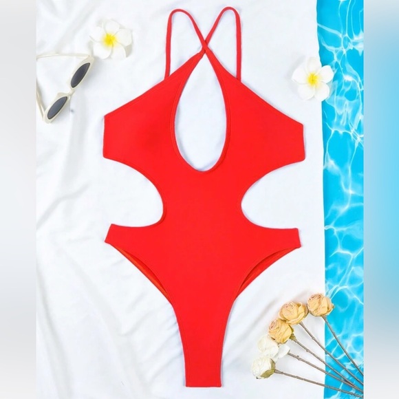 Red One Piece SZ S Swimsuit Sexy Strappy Crossover Top Cut Out High Cut Cheeky - Picture 6 of 9